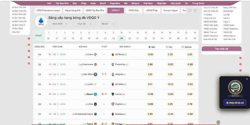 KQBD 247 cập nhật đa dạng bảng xếp hạng các giải đấu