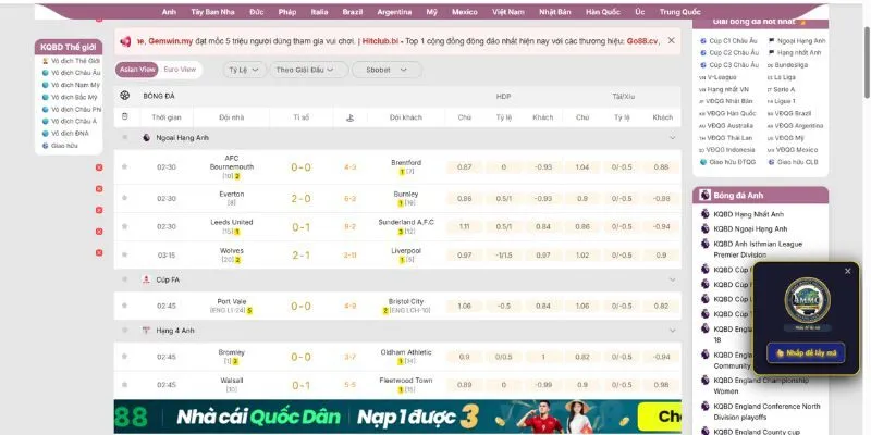 Giao diện xem kết quả bóng đá Anh tích hợp tỷ lệ kèo nhà uy tín